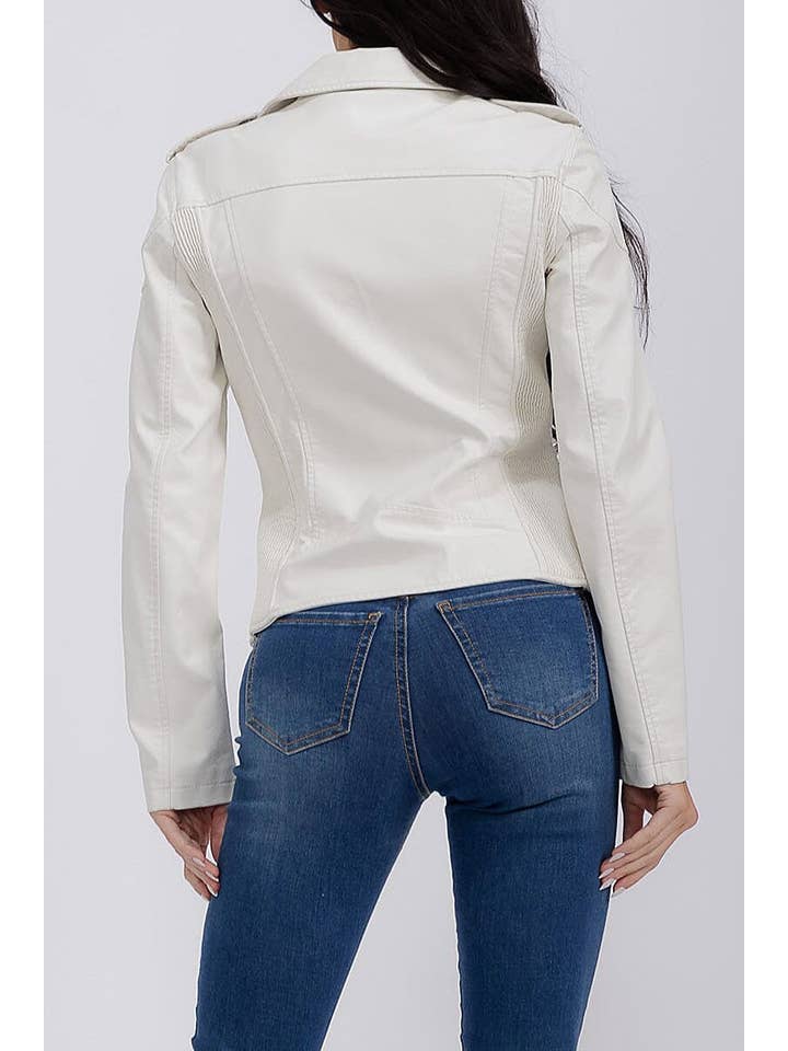 ROUSSEAU - Wholesale Leather Jacket - Women's - SOLID PU PLEATHER ZIP UP DRAPED MOTO JACKET7