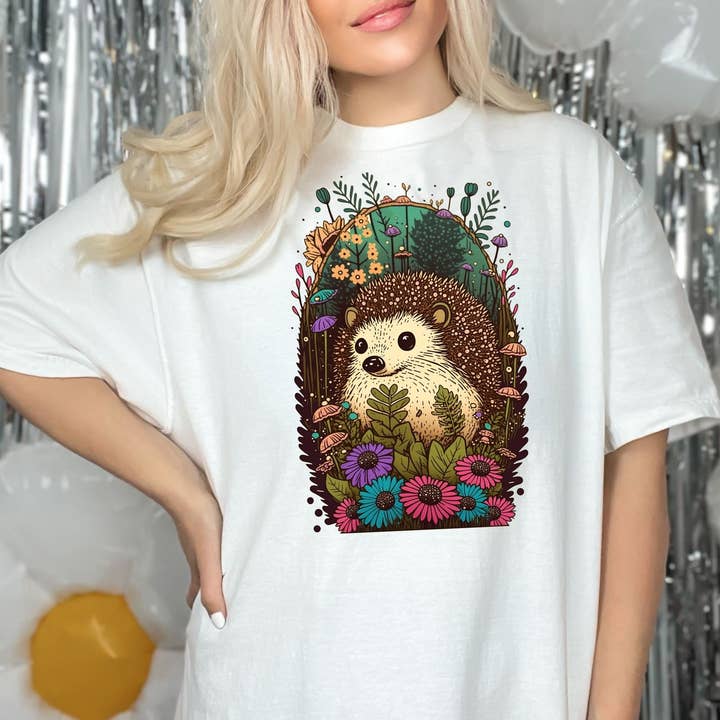 Vivtrek - Wholesale Screen Printed T-Shirt - Women's - Baby Hedgehog Floral Cottagecore Tshirt, Flower