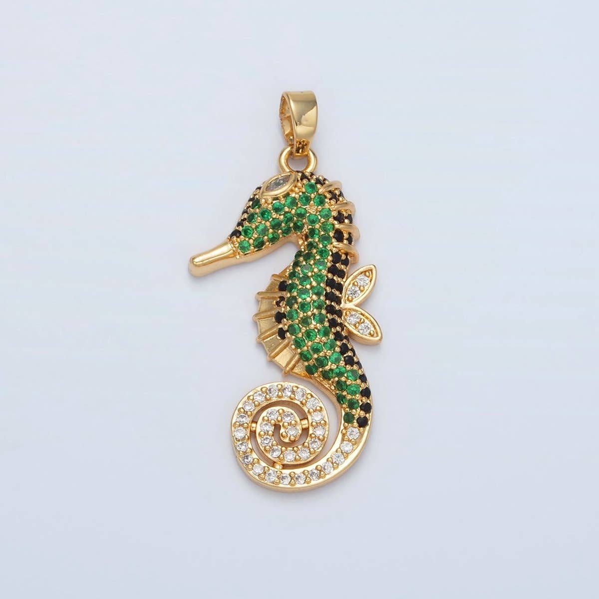 Aim Eternal - Wholesale Individual Charm/Pendant - 24K Gold Filled Green Micro Paved Sea Horse Ocean Animal Pendant | I2880