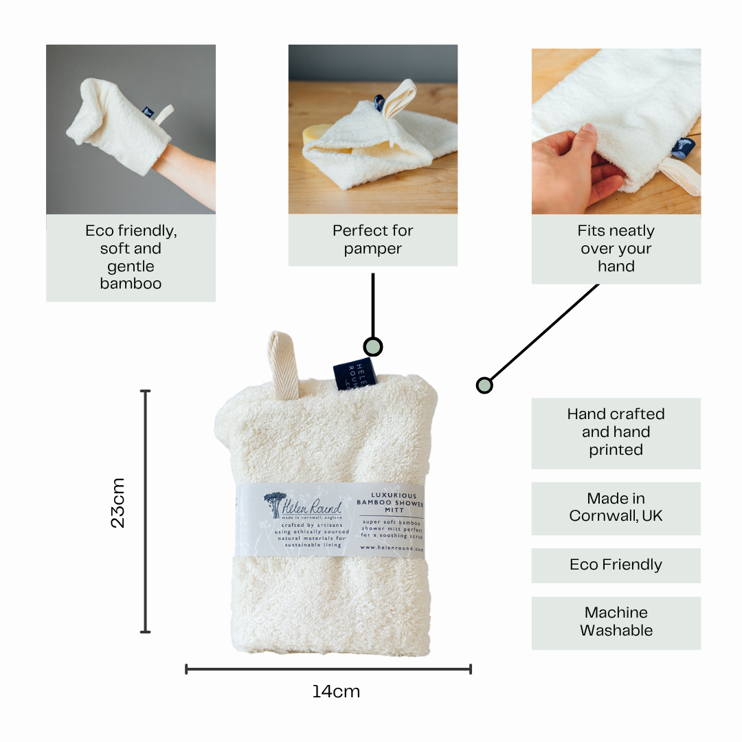 Helen Round - hand printed linen (US Duties Paid) – wholesale Exfoliating gloves/mitts – Reusable Bamboo Shower Mitt, Perfect Showering Mitt3