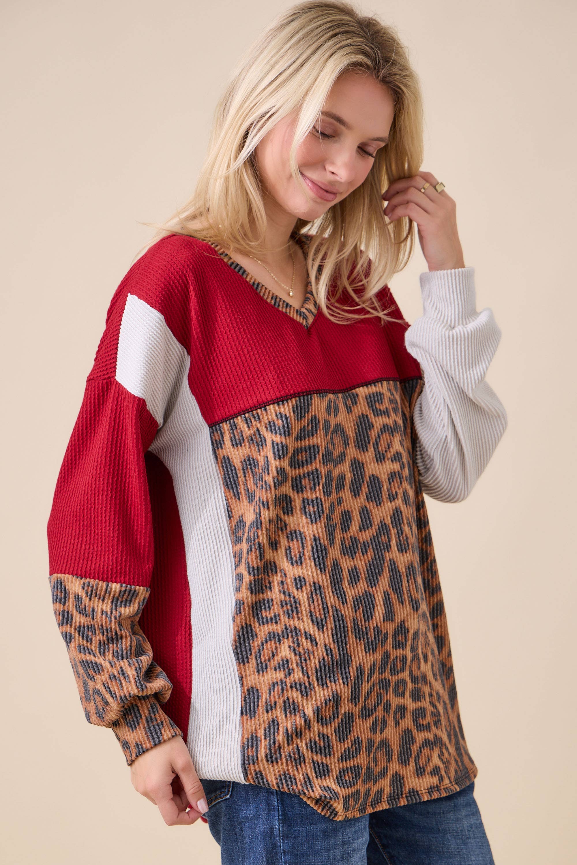 Celeste Clothing - Wholesale Knit Top - Women's - WOMEN'S RIB COLOR BLOCK ANIMAL PRINT LONG SLEEVE TOP22