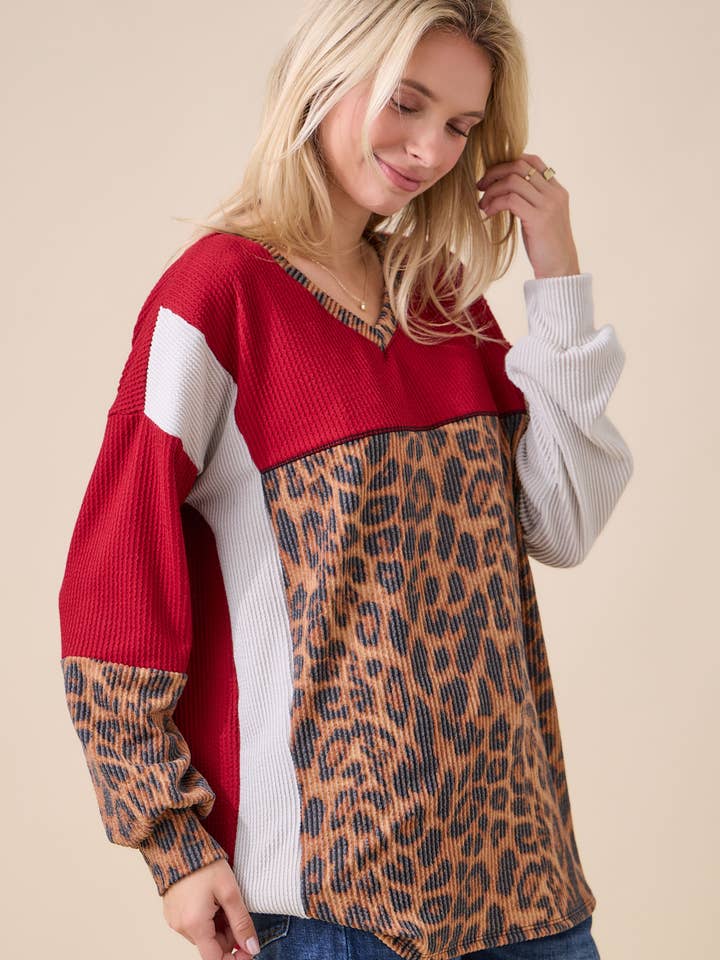 Celeste Clothing - Wholesale Knit Top - Women's - WOMEN'S RIB COLOR BLOCK ANIMAL PRINT LONG SLEEVE TOP22