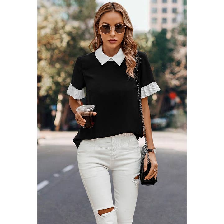 Color Block Contrast Collar Flounce Sleeve Blouse for wholesale by Supreme Fashion