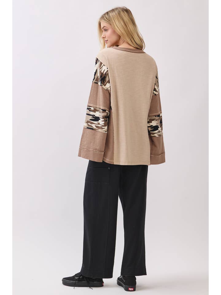TAUPE COMBO Camo Patchwork Bell Sleeve Top for wholesale on Faire14