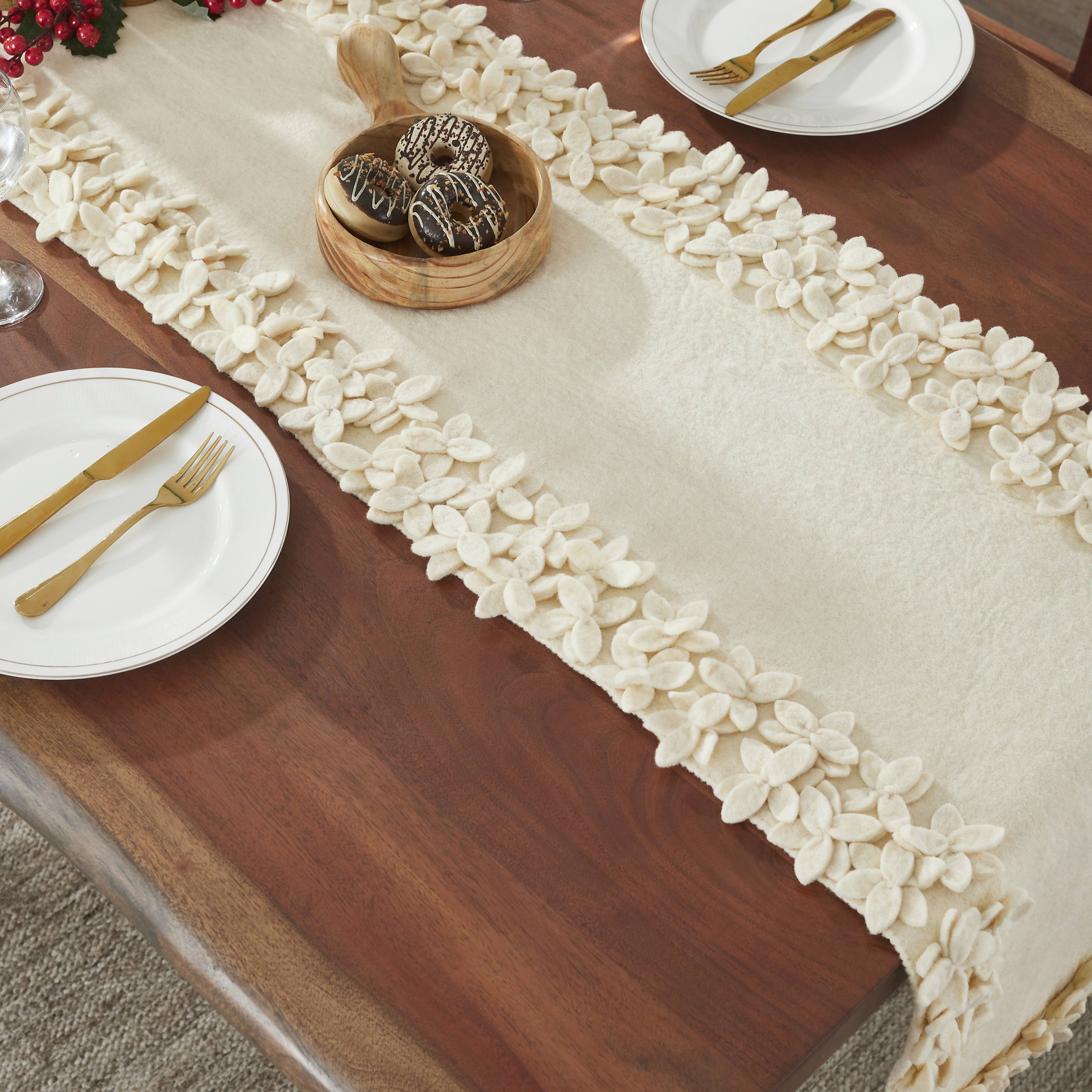 Arcadia Home - Wholesale Table Runner - Handmade Wool Floral Border Table Runner in Cream - 16" x 903