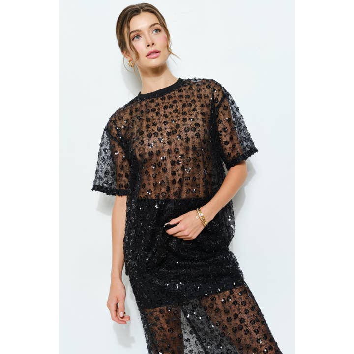 INA - Wholesale Blouse - Women's - Short Sleeve See-through Floral Sequin Top1