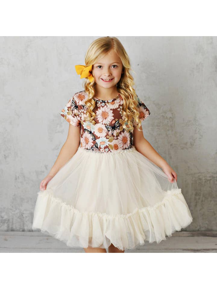 Oopsie Daisy - Wholesale Dress - Kids - Kids Ecru Pastel Butterfly Tulle Fancy Summer Dress