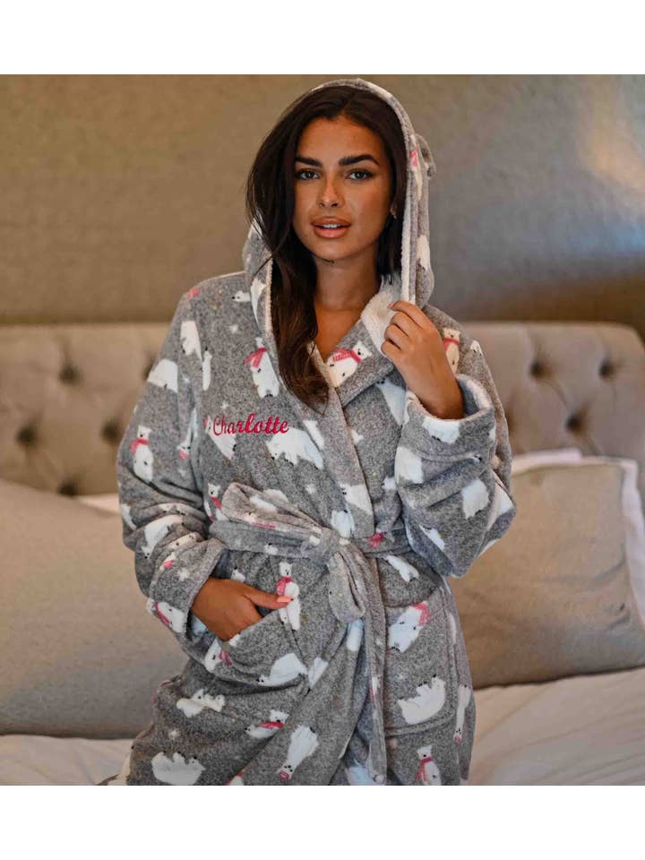 Grey White Ladies Personalised Hooded Polar Bear Printed Dressing Gown for wholesale on Faire