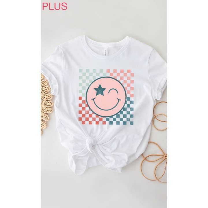 Kissed Apparel - Wholesale Screen Printed T-Shirt - Women's - Star Winky Smiley Checker PLUS SIZE Graphic Tee3