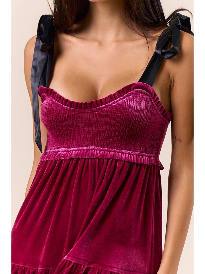 Lalavon - Wholesale Dress - Women's - ILD5094 VELVET SATIN BOW SHOULDER TIE MAXI DRESS 1