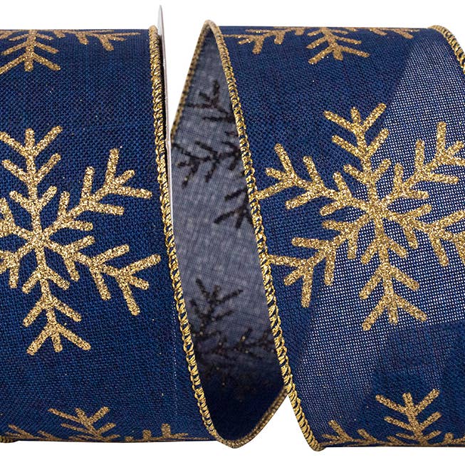 Snowflake Grand Glitter Linen Wired Edge, Navy/gold for wholesale by RELIANT RIBBON