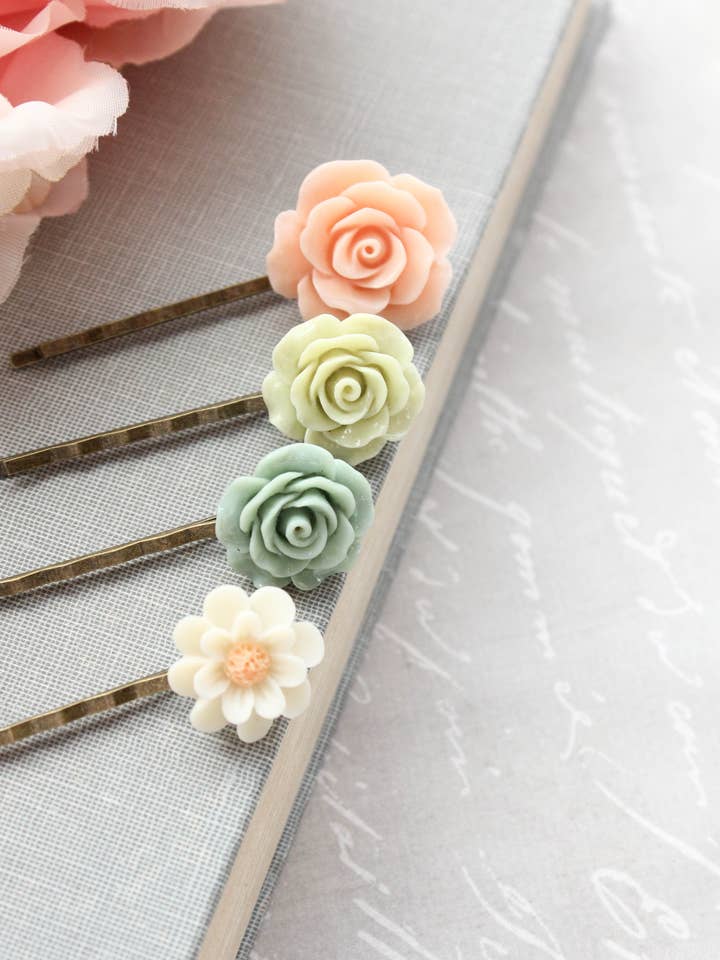 Flower Bobby Pins | Floral Hair Pins | Peach and Green Roses for wholesale by A Pocket of Posies
