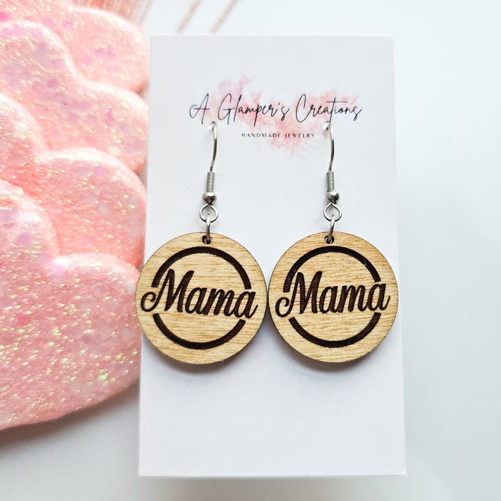 Mother's Day Wooden Circle Earrings - Mama for wholesale by A Glamper's Creations LLC