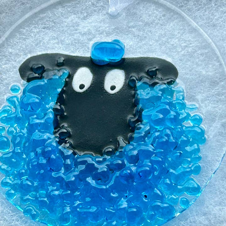 Fused Glass Round Sheep Hanging Ornament - Blue sheep for wholesale by Pam Peters Designs