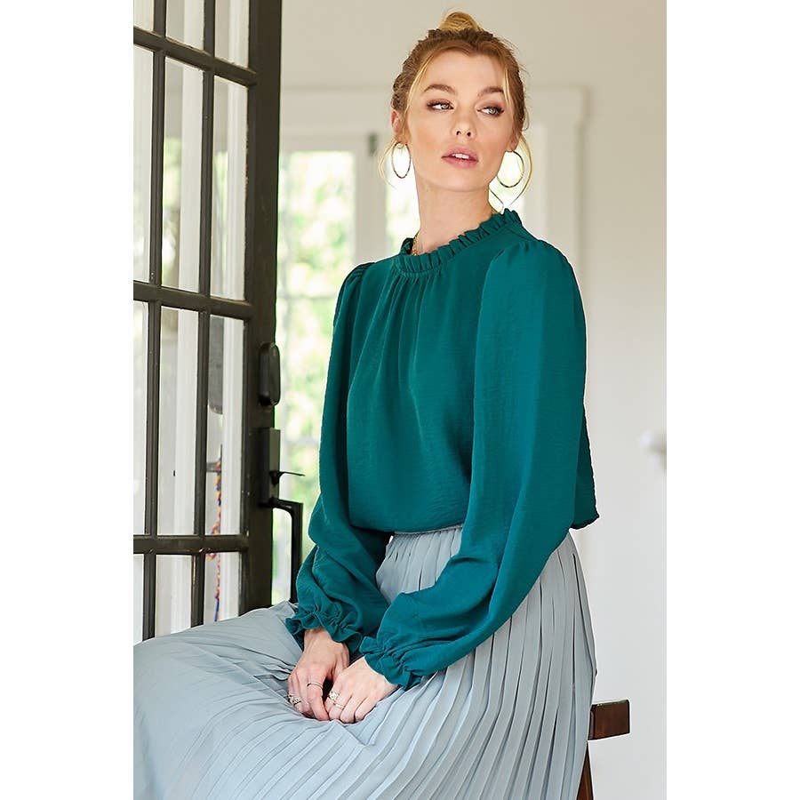 LIME N CHILI - Wholesale Blouse - Women's - Solid Ruffle Mock Neck Balloon Sleeve Blouse13