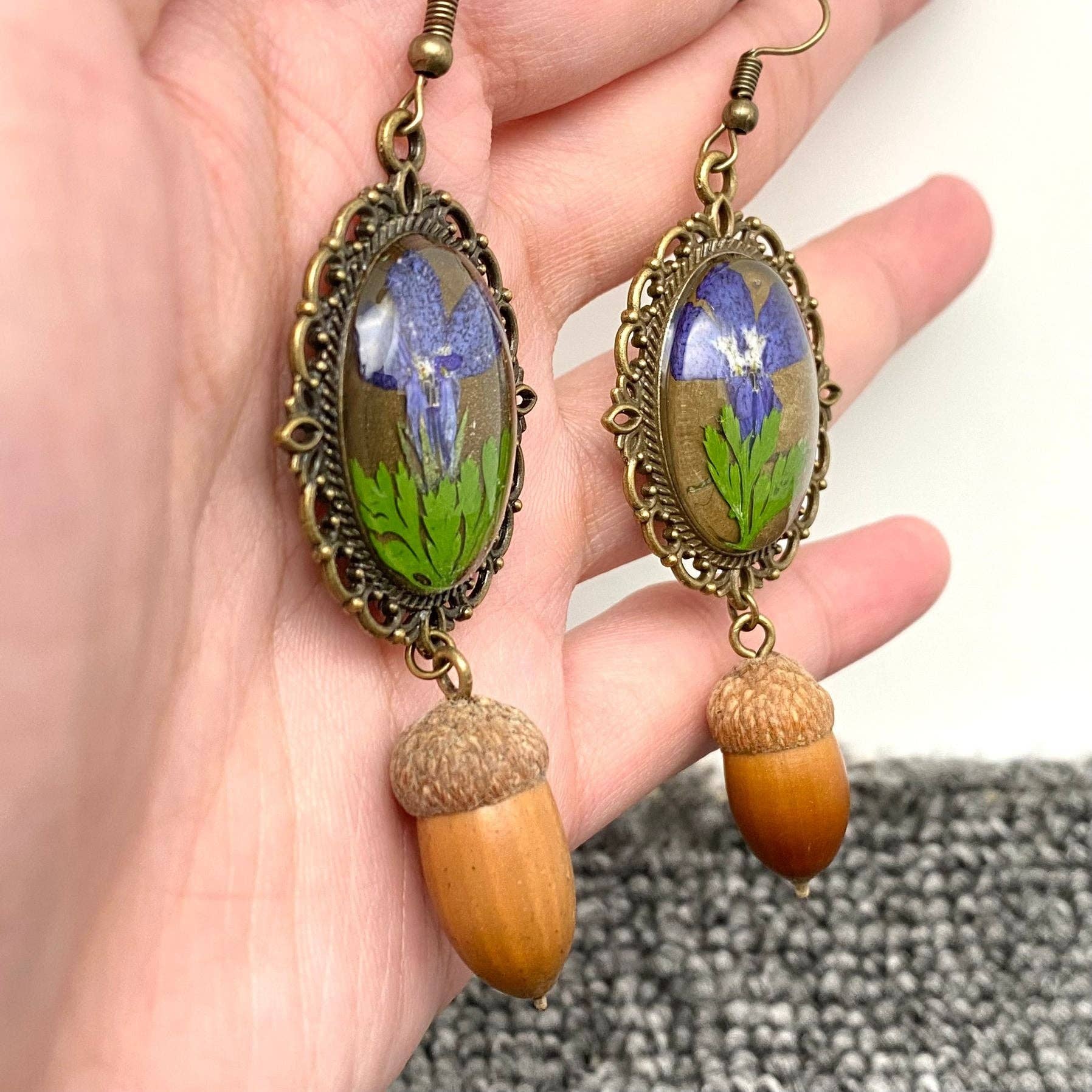 Mio Queena - Wholesale Dangle Earrings - Vintage Genuine Dried Acorn & Flowers Charm Earrings - PDF5