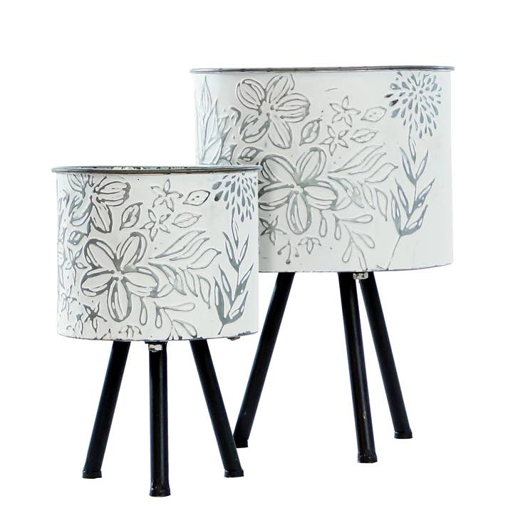 VIP Home & Garden - Wholesale Plant Pot - Metal Embossed Floral Design Planters S/2 15In/12In