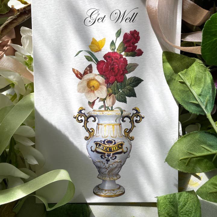 Ivory Tower Studios - Wholesale Get Well Card - Get Well—Flowers in vase—5x7 Keepsake Single Panel Card5