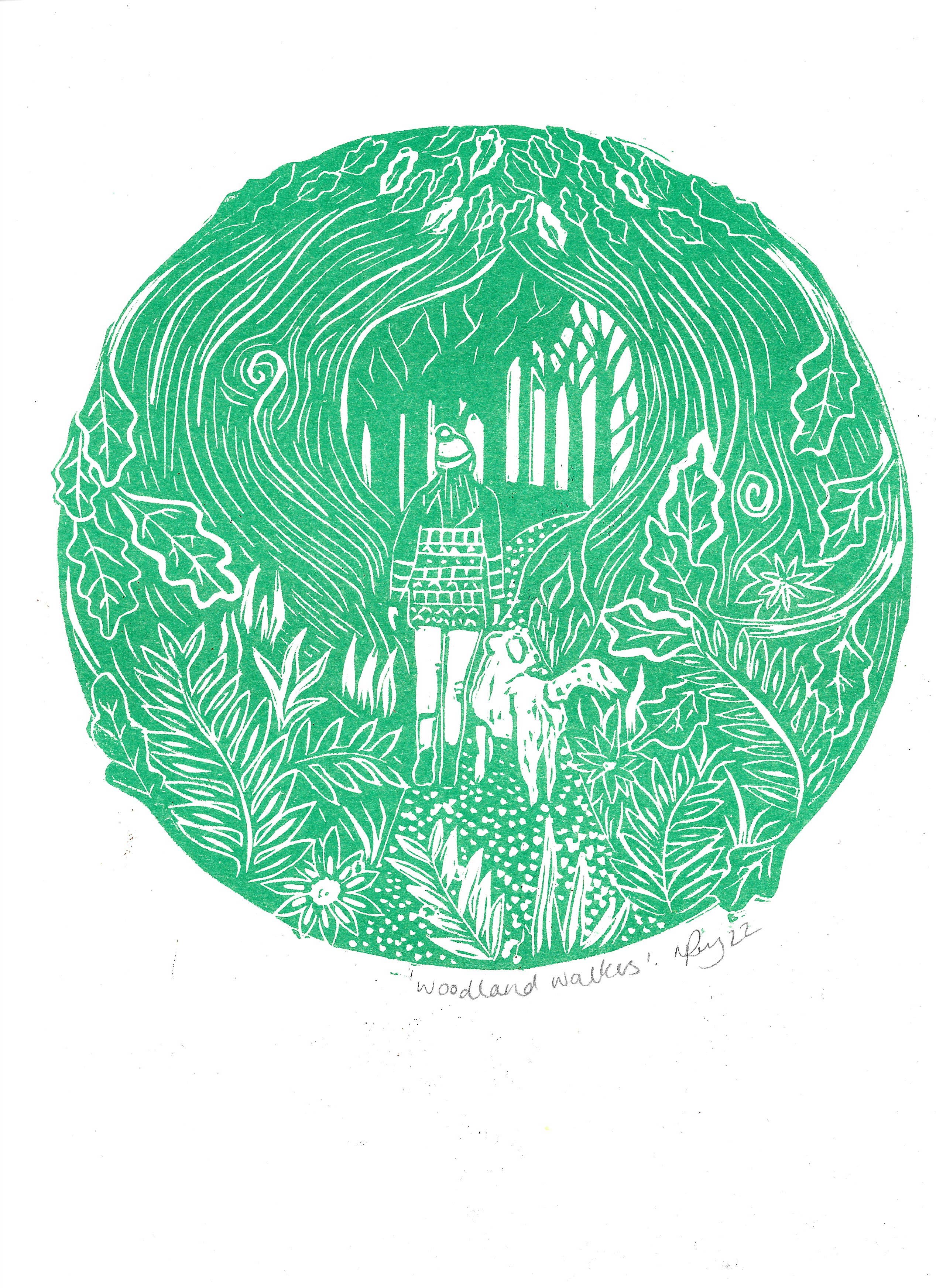 Prints by the Bay - Wholesale Art Print - Woodland Walkers riso print, hiking, dog, forest, winter1