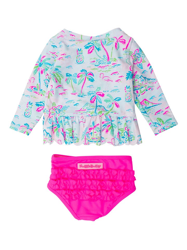 White Girls Tropical Resort Scallop Hem Long Sleeve Rash Guard 2-Piece Swimsuit with Signature Rear Ruffles
for wholesale on Faire
