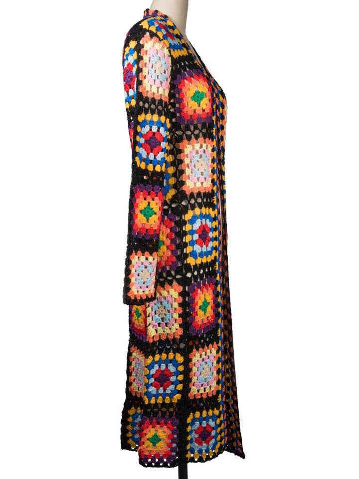 SAACHI - Vente Kimono – femme - Cardigan kimono long en crochet granny à motifs floraux multicolores10