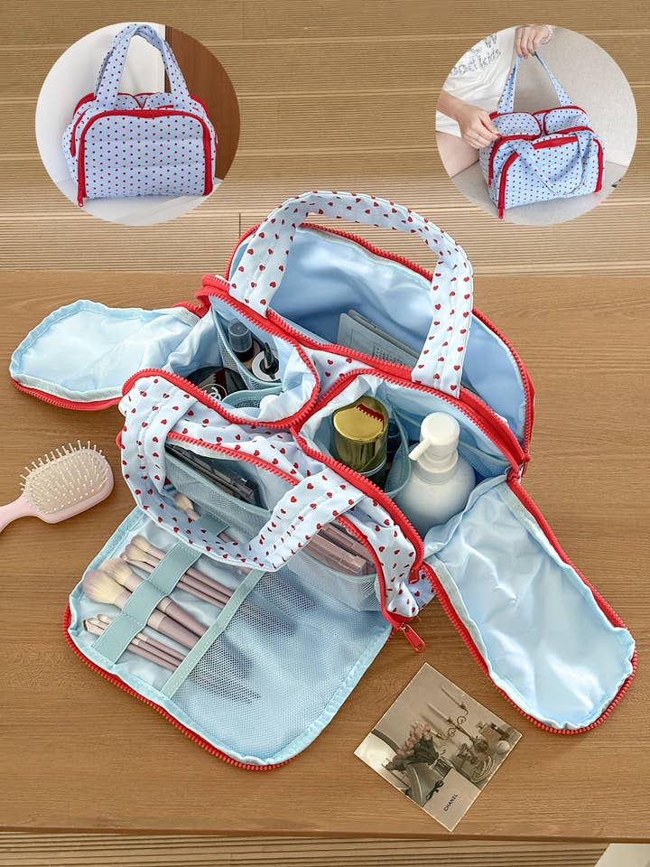 Quilted Heart Print Travel Cosmetic Organizer Bag for wholesale by Juniper Tide