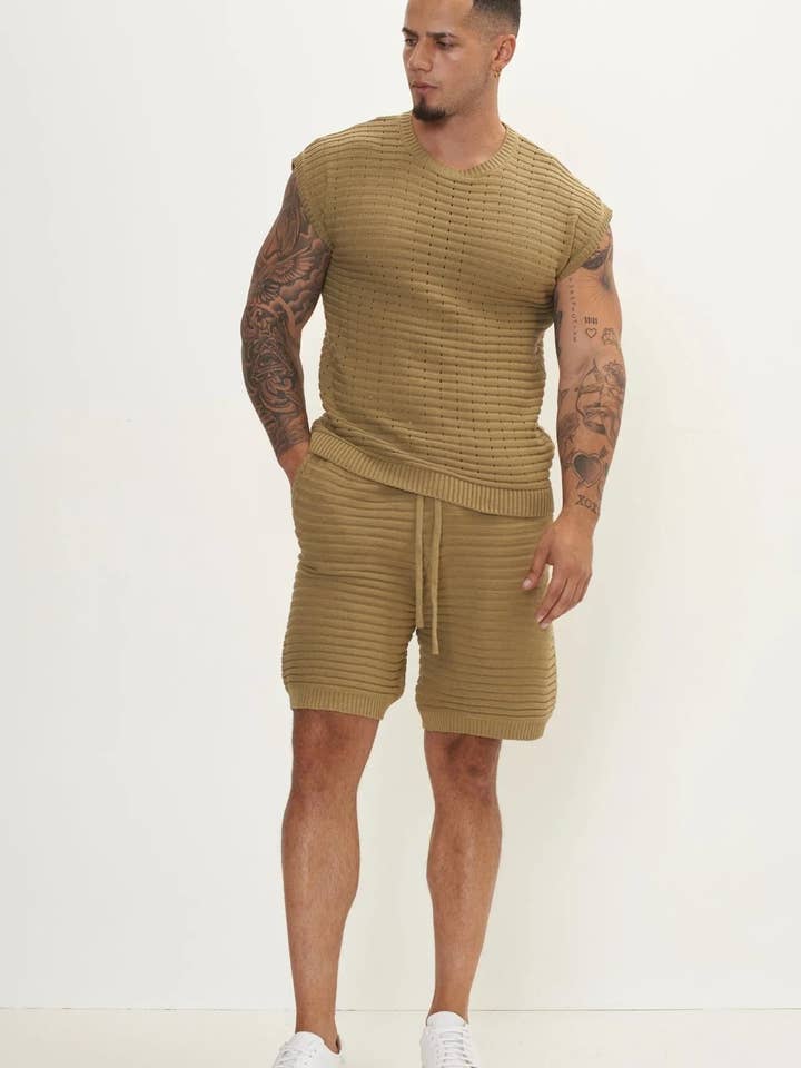 Men's Eyelet Short Sleeve Knit Top & Shorts Set- Light Green for wholesale by Ron Tomson