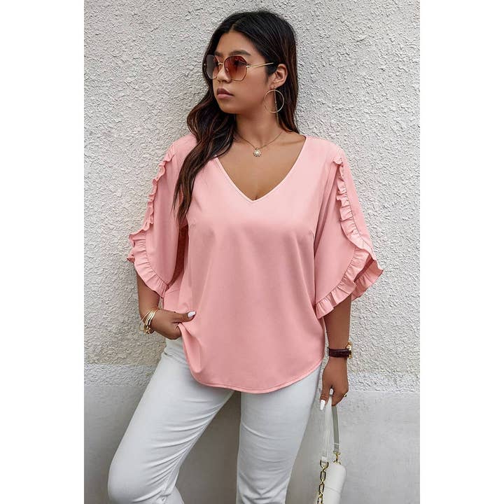 FUCHSIA Solid Plus V Neck Ruffle Trim Petal Sleeve Blouse for wholesale on Faire7