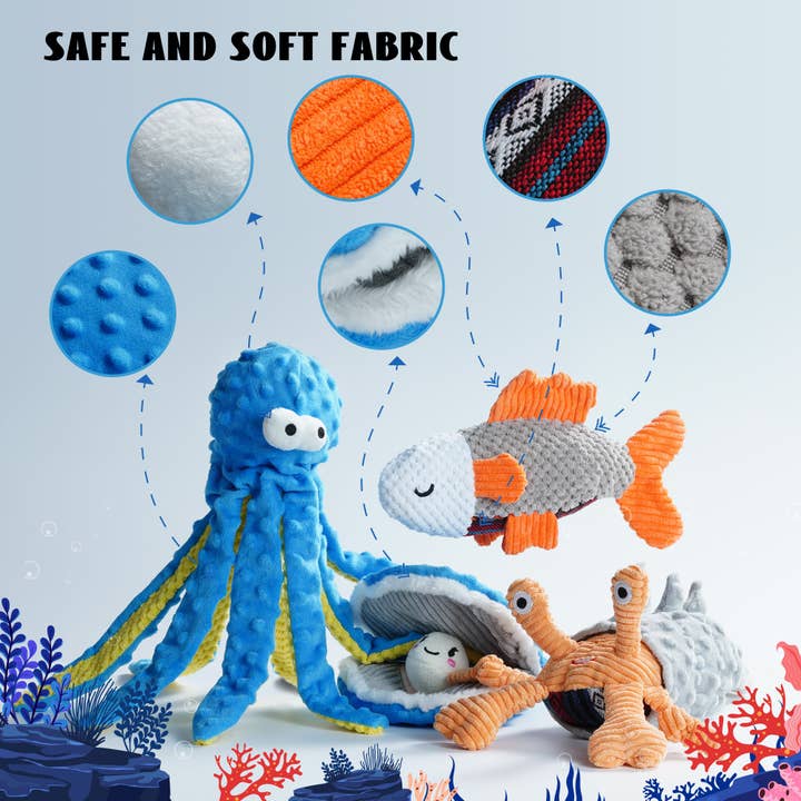 Nocciola - Wholesale Pet squeaky toy – Dog - Nocciola 4 PCS Crinkle Squeaky Dog Toys | Octopus, Shark, Hermit Crab & Sea Shell6
