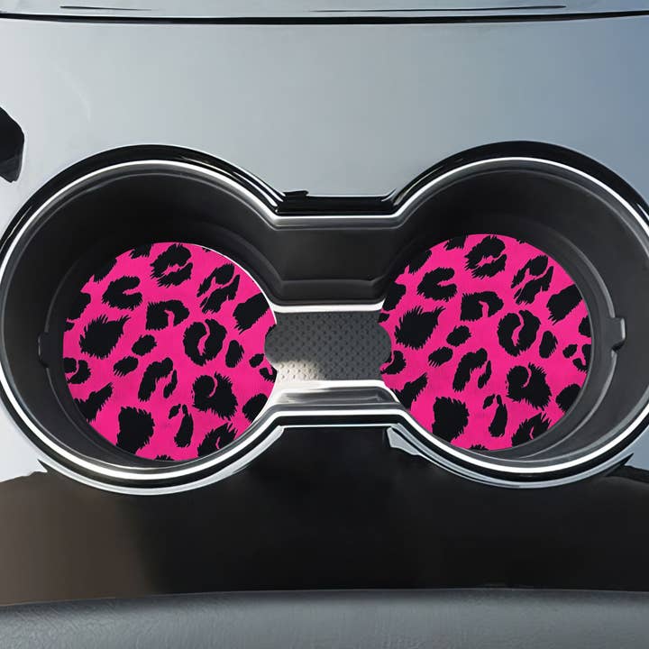 Neon Pink Leopard Print Car Coasters - Neoprene Set of 2 for wholesale by Stencil Art Canada