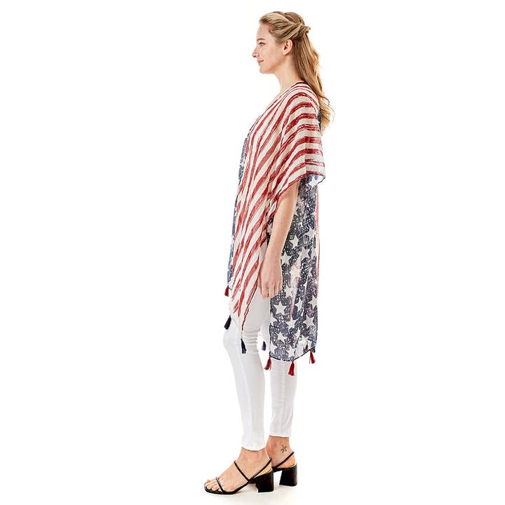 Sensibling Corp. - Wholesale Poncho – Women's - American Flag Printed Tassel Poncho2