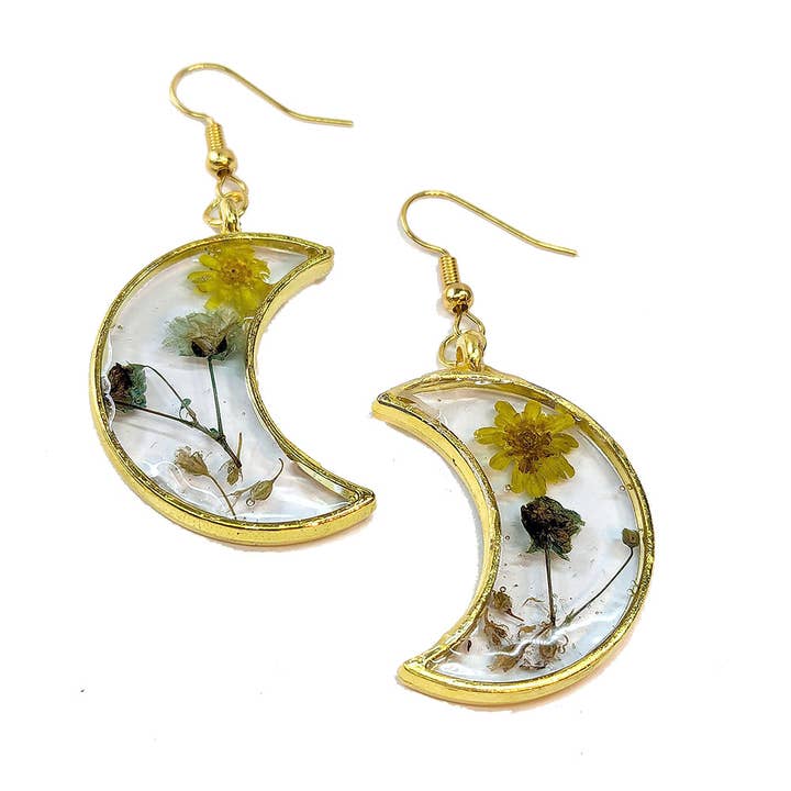Moon Real Dried Yellow Blue Flowers Resin Earrings for wholesale by Stylish Jewelry Supply