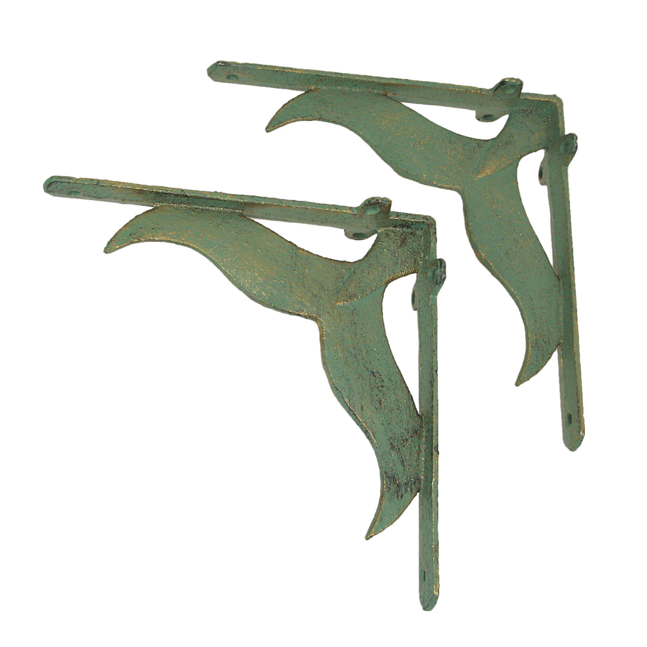 Zeckos - Wholesale Wall Mounted Shelf - Set of 2 Cast Iron Verdigris Whale Tail Wall Bracket Deco1