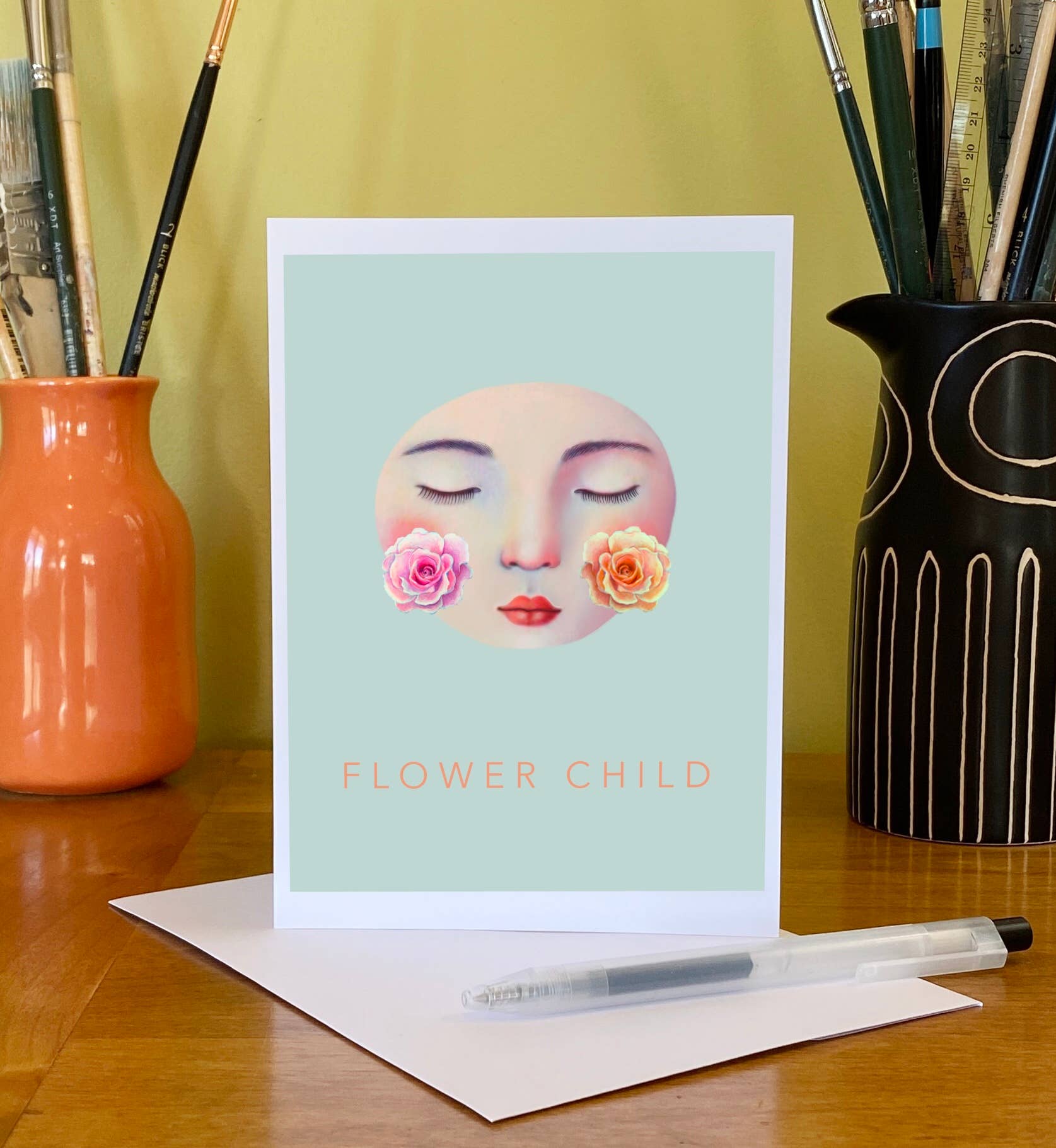 Isabelle Bryer Art - Vente Carte de vœux classique - Carte Enfant Fleur – Carte d'Art Visage Surréaliste avec Roses Format A72