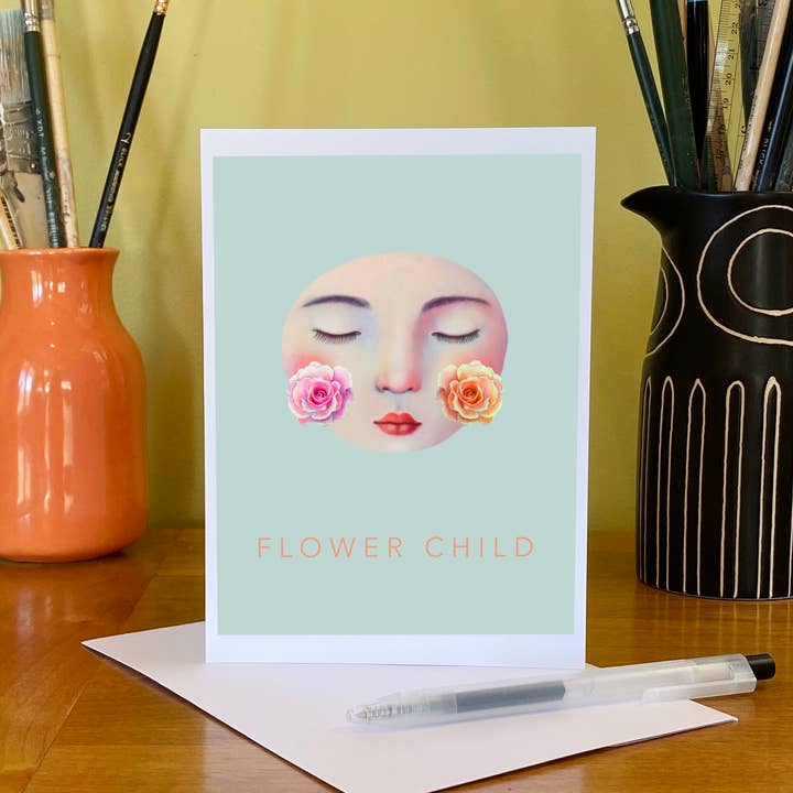 Isabelle Bryer Art - Vente Carte de vœux classique - Carte Enfant Fleur – Carte d'Art Visage Surréaliste avec Roses Format A72