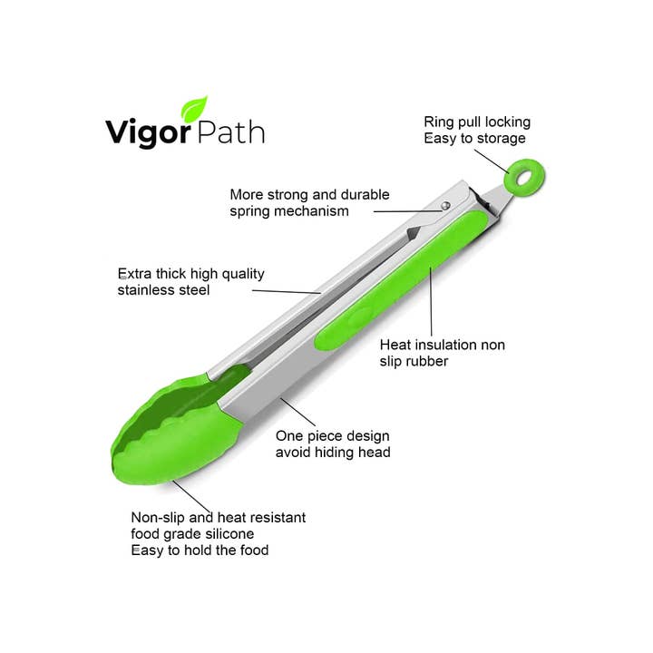 Vigor Path - Wholesale Kitchen Tong - 2-Pack of 9" (Small) & 12" (Large) Kitchen Tongs Set: Non-Stick Silicone-Stainless Steel Cooking Tongs, BPA Free, Heat Resistant (480°F) - Non-Slip Grip & Locking Metal Food Tongs (Green)1