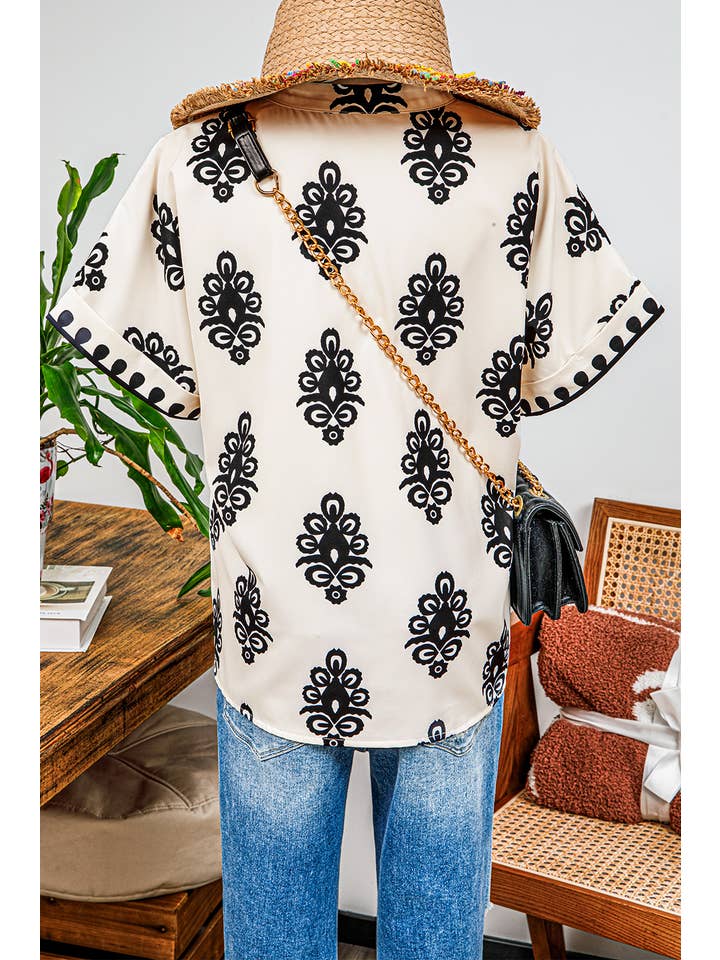 As shown Fashion-W Boho Geometric Print Short Sleeve V Neck Blouse for wholesale on Faire