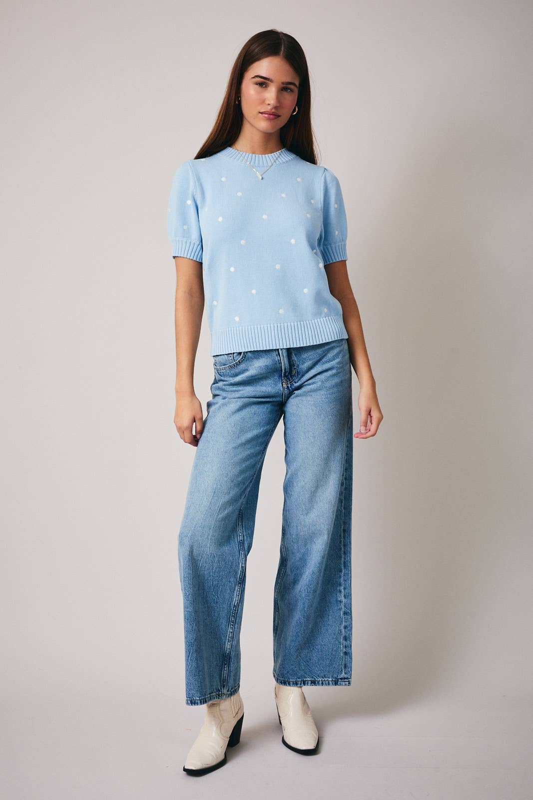 Sunday Edition - Wholesale Knit Sweater - Women's - ROUND NECK PUFF SHORT SLEEVE "POLKA DOT" EMBROIDERED SWEATER27