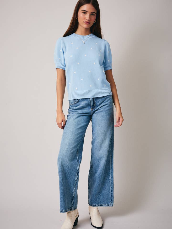 Sunday Edition by LE LIS - Wholesale Knit Sweater - Women's - ROUND NECK PUFF SHORT SLEEVE "POLKA DOT" EMBROIDERED SWEATER23