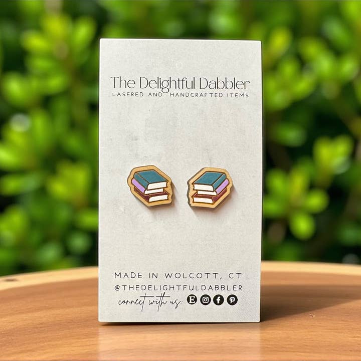 Hand Painted Book Stack Wood Stud Earrings – Bookworm Gift for wholesale by The Delightful Dabbler LLC