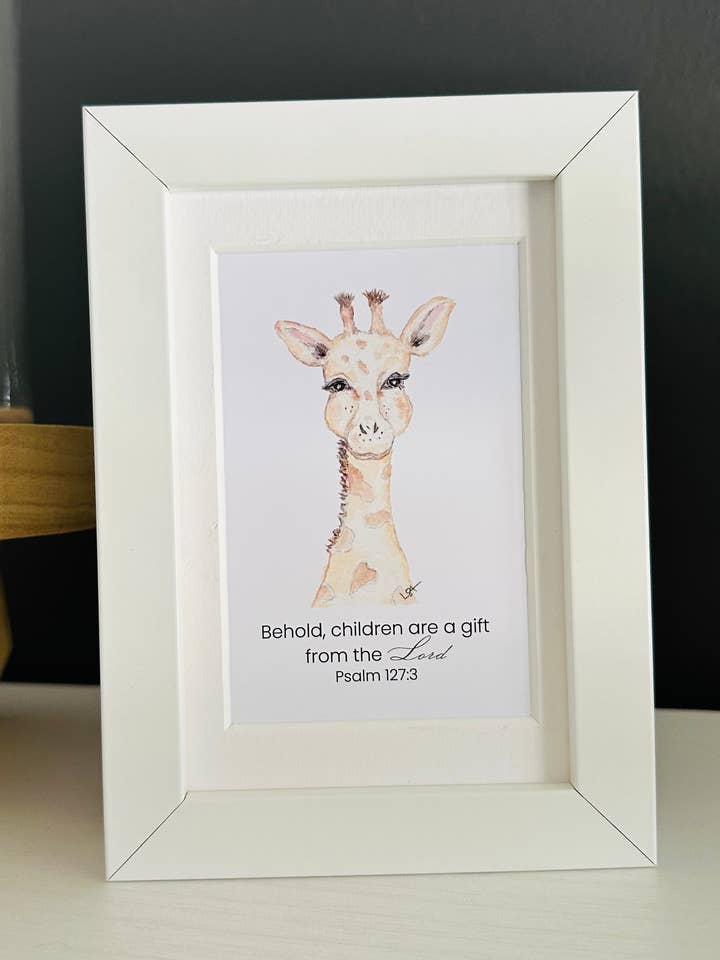 Framed watercolor 4x6 art Giraffe with Psalm 127:3 for wholesale by LSA-studio