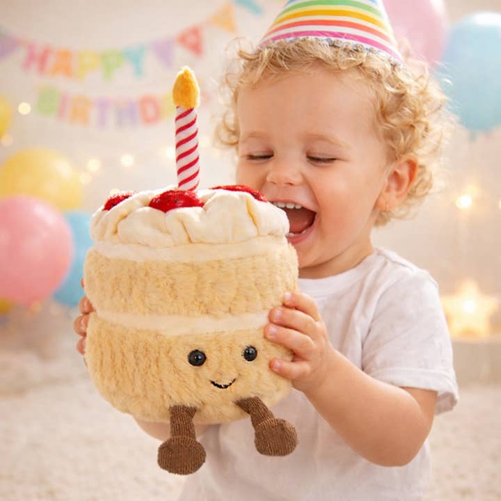 Buttery Soft Strawberry Cream Birthday Cake Plush Toy for wholesale by Ozznek Children’s Footwear & Apparel Brand