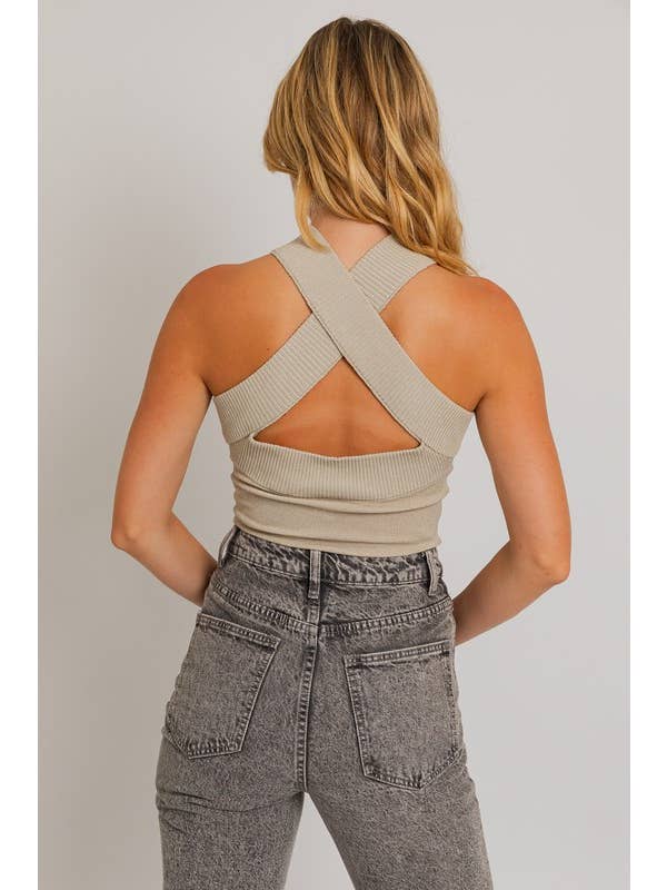 LE LIS - Wholesale Bodysuit - Women's - CRISS CROSS HALTER BAND SWEATER BODYSUIT