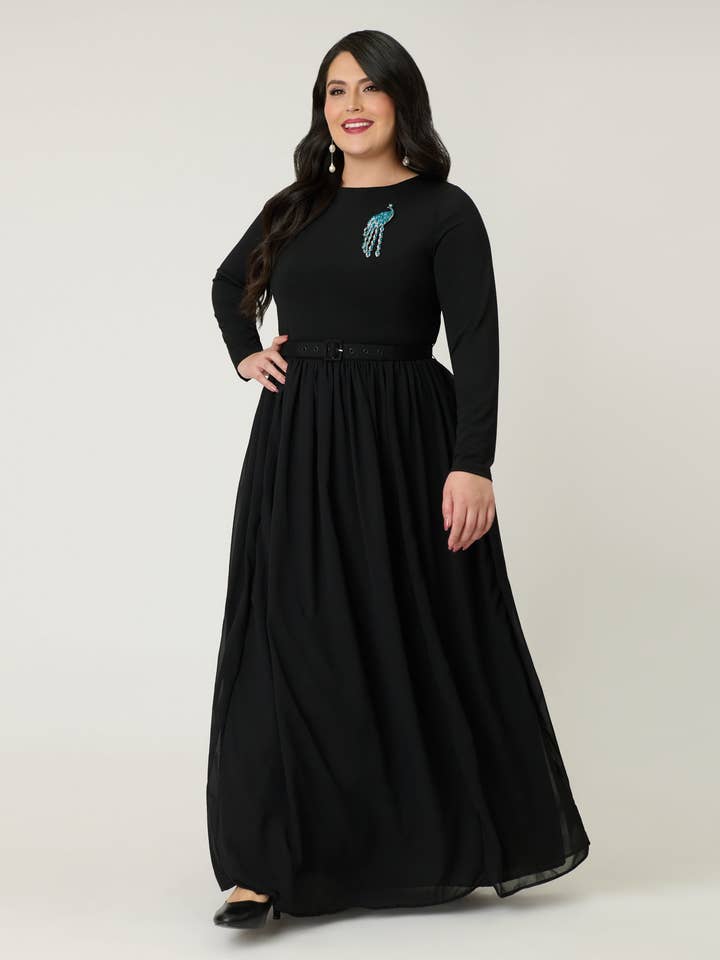 Unik Vintage Plus Size Svart & Påfågel Brosch Maxiklänning för wholesale av Unique Vintage