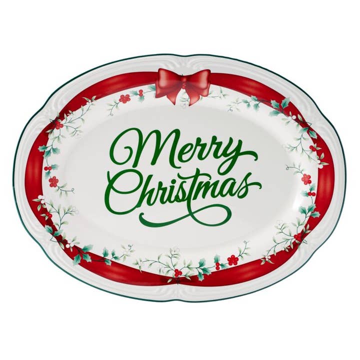 Fitz and Floyd® Mikasa® Pfaltzgraff® - Wholesale Platter - Winterberry 14In Platter Red Ribbon Gift Box Pkg