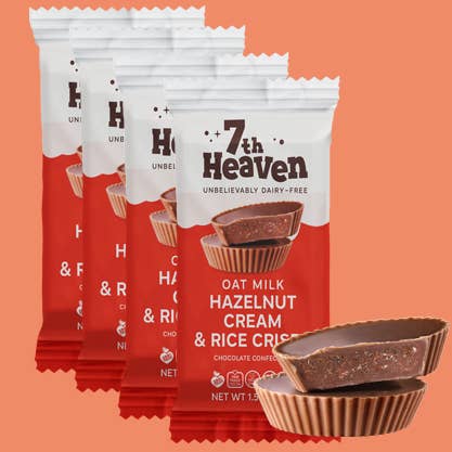 Oat Milk Hazelnut Cream & Rice Crisps Cups, Vegan & Kosher for wholesale by 7th Heaven Chocolate