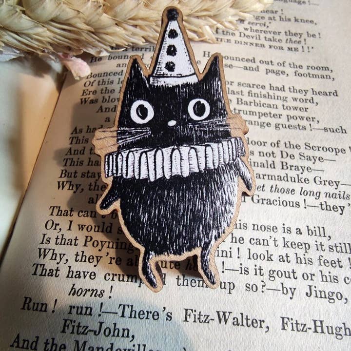 Jon Turner Illustration - Wholesale Lapel Pin/Button - Simon the Clown Cat Wooden Pin Badge