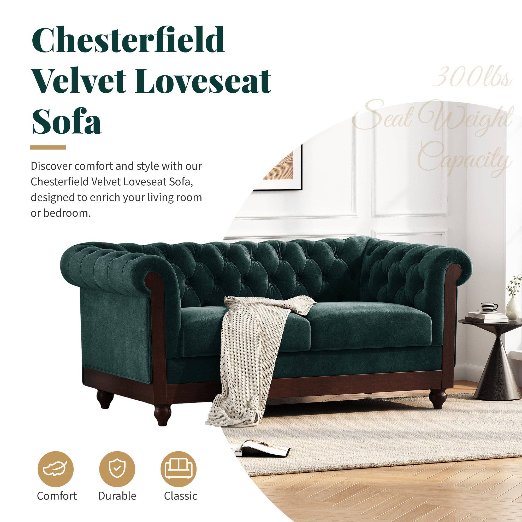 39F Inc. - Vente Canapés - Canapé Chesterfield en velours vert foncé pour 2 places3