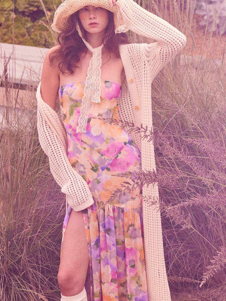 Cardigã Comprido de Malha Croché com Botões na Frente por atacado de Promesa USA