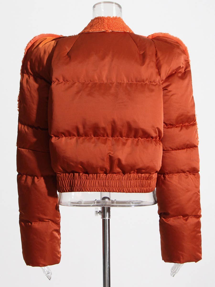 Alaranjado Jaqueta Puffer com Pelúcia e Ombreiras Feminina JK004 para venda a revendedores na Faire9